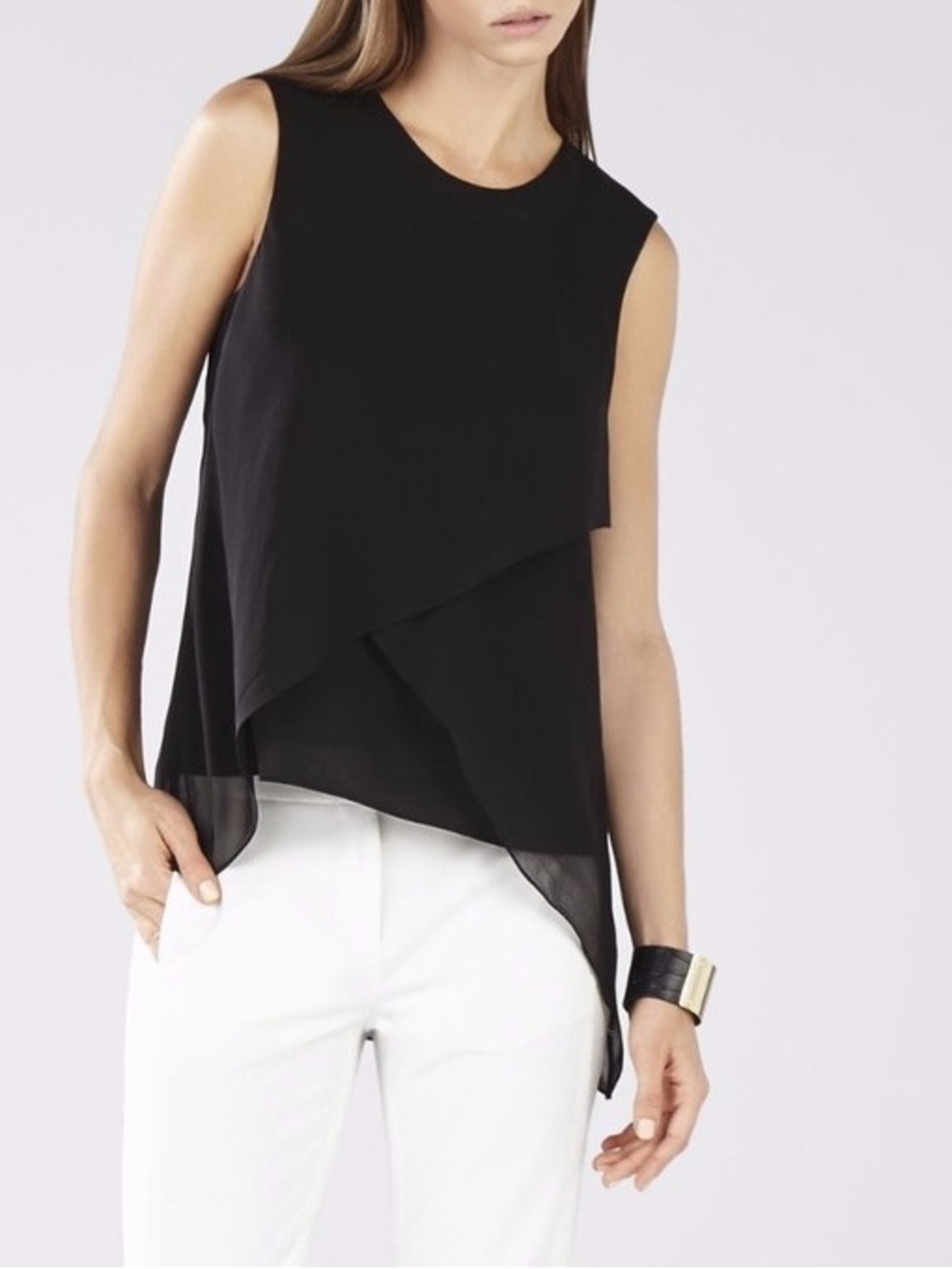 BCBGMAXAZRIA Flowy Silk Sleeveless Blouse in Black XS